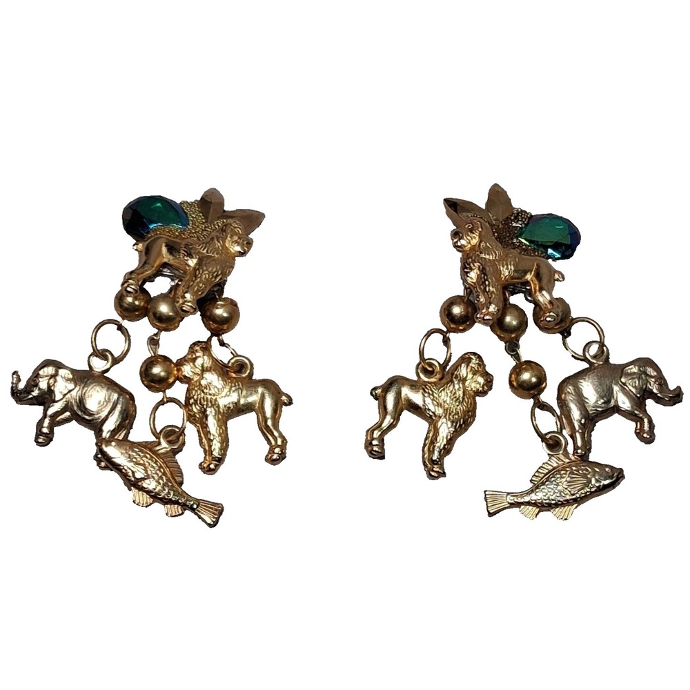 Artisan Gold Tone Storyteller Charm Earrings Resin Animal Elephant Dog Fish Vtg